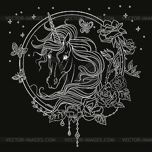 Coloring head of unicorn on floral frame white - vector image