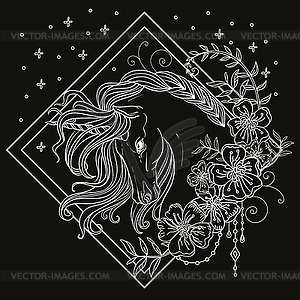 Coloring head of unicorn on floral frame white - white & black vector clipart