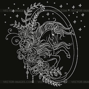 Coloring line art unicorn on floral frame white - vector image