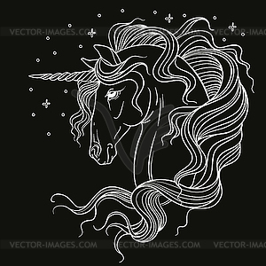 Coloring line art profile of unicorn white on black - vector clipart