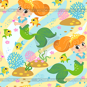 Seamless pattern with funny mermaids - vector image