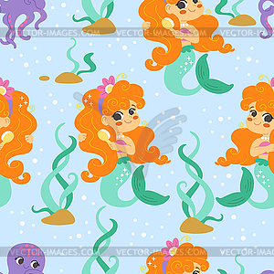 Seamless pattern with mermaids and octopus - vector clipart