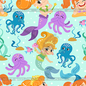 Seamless pattern with joyful mermaids and octopus - vector image