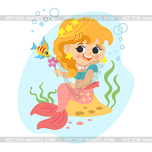 Cute cartoon pink tail mermaid with fish - vector clipart