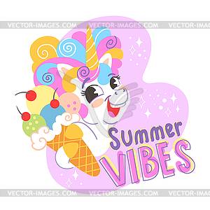 Cute cartoon character unicorn with an ice cream - vector clipart