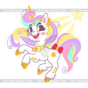 Cute cartoon character unicorn with star - vector image