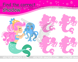 Find correct shadow mermaid and octopus - vector image