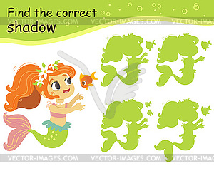 Find correct shadow with mermaid and fish - vector clipart