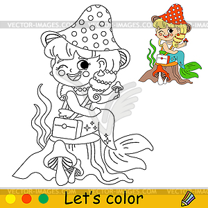 Kids coloring little mermaid with mushrooms - vector clipart