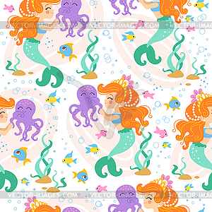 Seamless pattern with mermaid and octopus - vector clipart