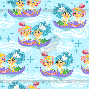 Seamless pattern with funny mermaids and stingray - vector image