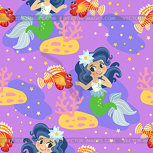 Seamless pattern with mermaid on seabed - vector image