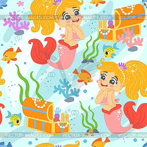 Seamless pattern with mermaid and treasure chest - vector clipart