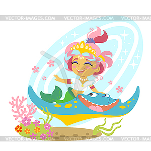 Cute cartoon mermaid ride on sea stingray - vector clip art