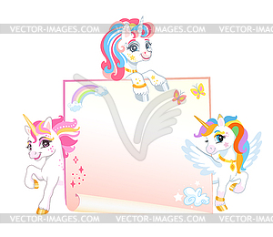 Three cute cartoon unicorns with empty banner - vector clip art