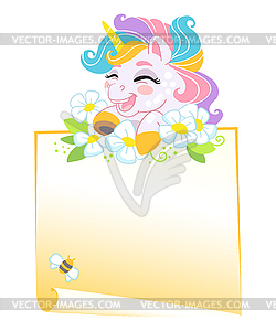 Empty banner with cute cartoon unicorn - vector clip art