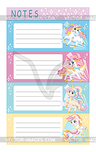 Printable cute unicorns note pages set  - vector clipart