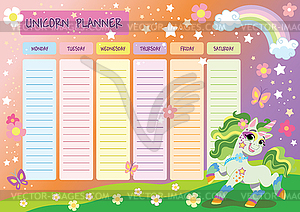 Printable cute unicorn rainbow weekly planner - vector clipart