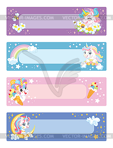 Printable cute unicorns note pages set - vector clipart