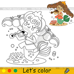 Kids coloring little mermaid with viol - vector image