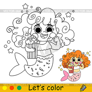 Kids coloring little mermaid with popcorn - vector clipart