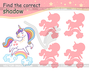 Find correct shadow white funny unicorn - vector clipart