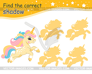 Find correct shadow yellow funny unicorn - vector clip art