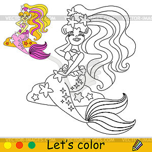 Kids coloring little pink tailed mermaid - vector image