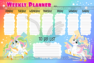 Printable cute unicorn rainbow weekly planner - vector EPS clipart