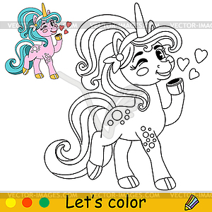 Cartoon unicorn kids coloring book page  - color vector clipart