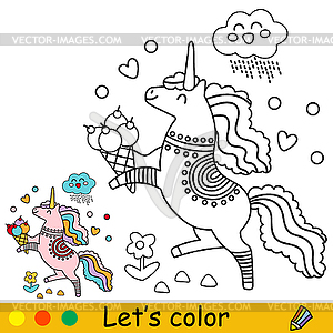 Cartoon doodle unicorn with an ice-cream kids - vector clipart