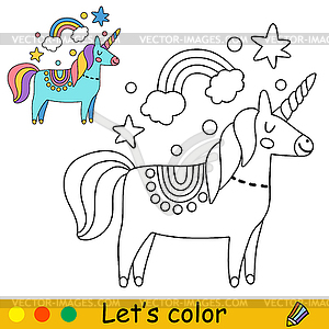 Cartoon doodle unicorn kids coloring book page - stock vector clipart