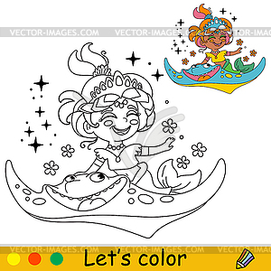 Kids coloring cute mermaid and sea stingray - vector image