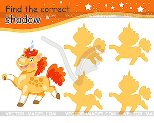 Find correct shadow magic curly unicorn yellow - vector image