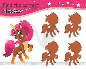 Find correct shadow curly unicorn with brown shadows - vector image