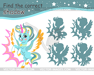 Find correct shadow unicorn with wings turquoise - vector image