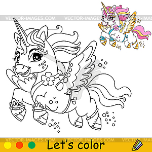 Cartoon flying unicorn kids coloring book page - vector clip art