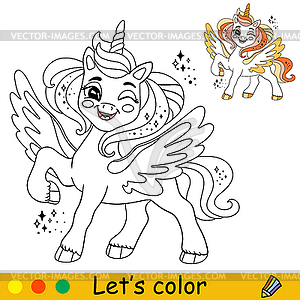 Cartoon wingled unicorn kids coloring book page - color vector clipart