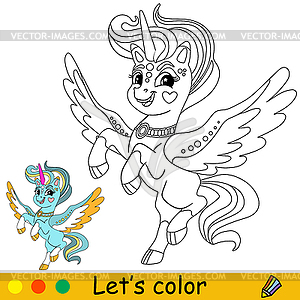 Cartoon cute wingled unicorn kids coloring - vector image