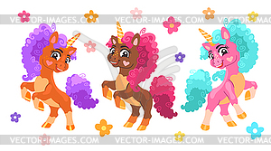 Set of cartoon cute character unicorns - vector image