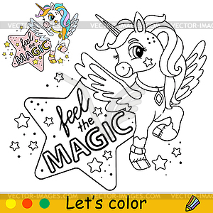 Cartoon unicorn and lettering coloring - vector image