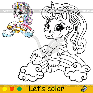 Cartoon unicorn sitting on rainbow coloring - vector clipart