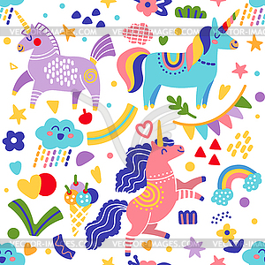 Seamless pattern doodle rainbow unicorns and - vector image