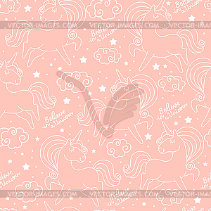 Seamless pattern white contour unicorns - vector image