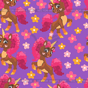 Seamless pattern cartoon brown unicorns - vector clipart