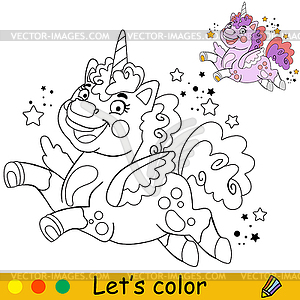 Cartoon fluffy unicorn kids coloring book page - vector image