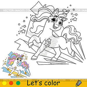 Cartoon cutie unicorn kids coloring book page - vector image