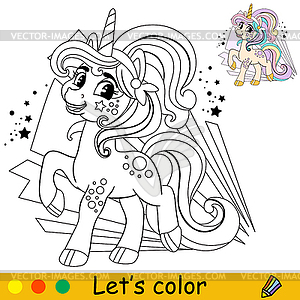 Cartoon young unicorn kids coloring book page - vector EPS clipart