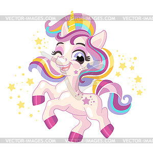 Cute cartoon happy character purple unicorn - vector image