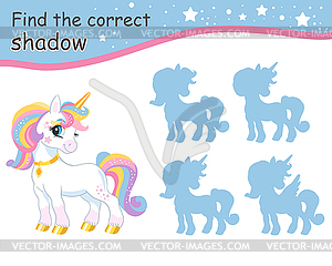 Find correct shadow rainbow mane unicorn - vector clipart